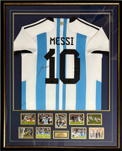 Load image into Gallery viewer, LIONEL MESSI “2022 World Cup Champions” Signed Argentina Jersey &amp; Photo Collage Display
