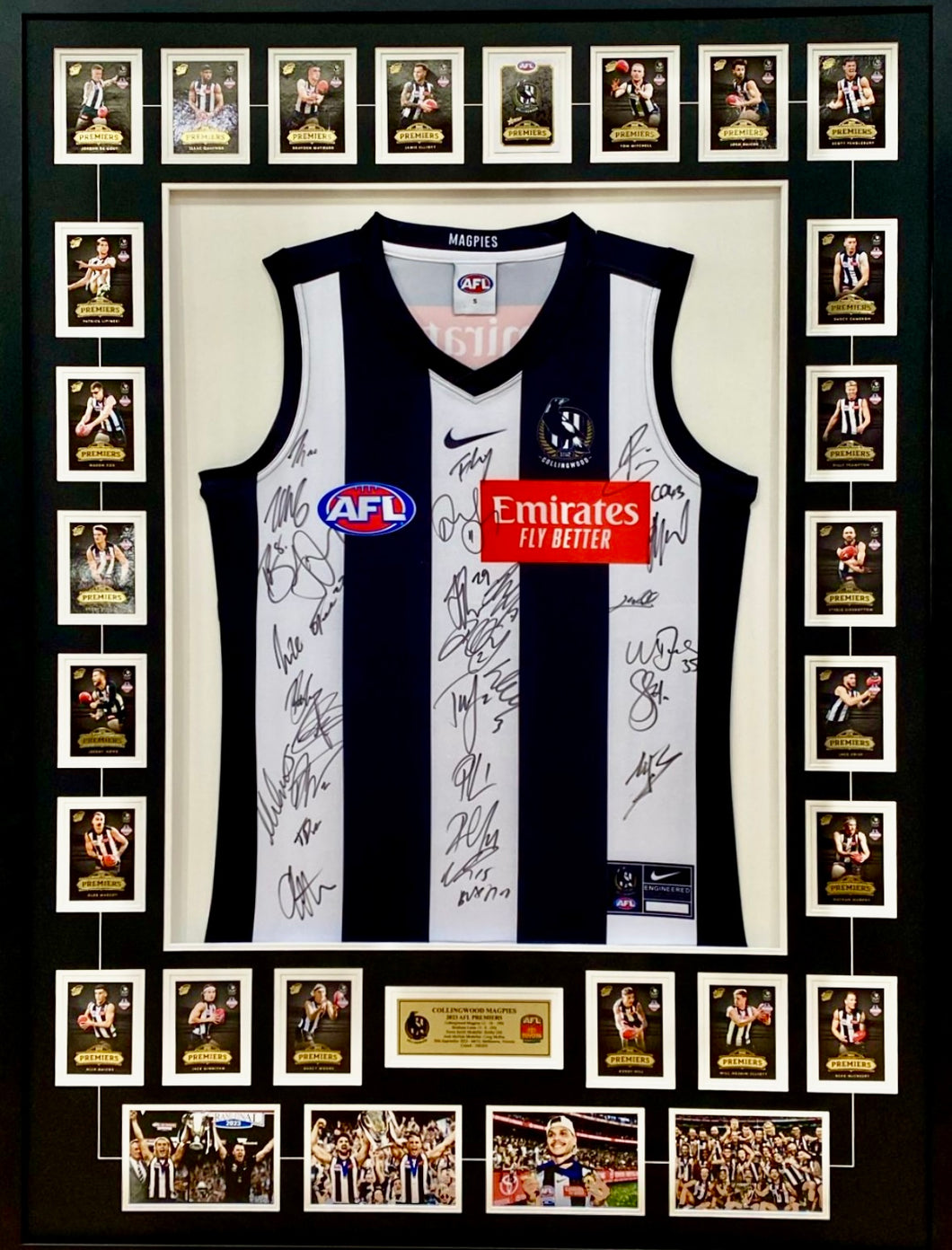 COLLINGWOOD “2023 Premiers” Team Signed Jumper & Cards Collage Display