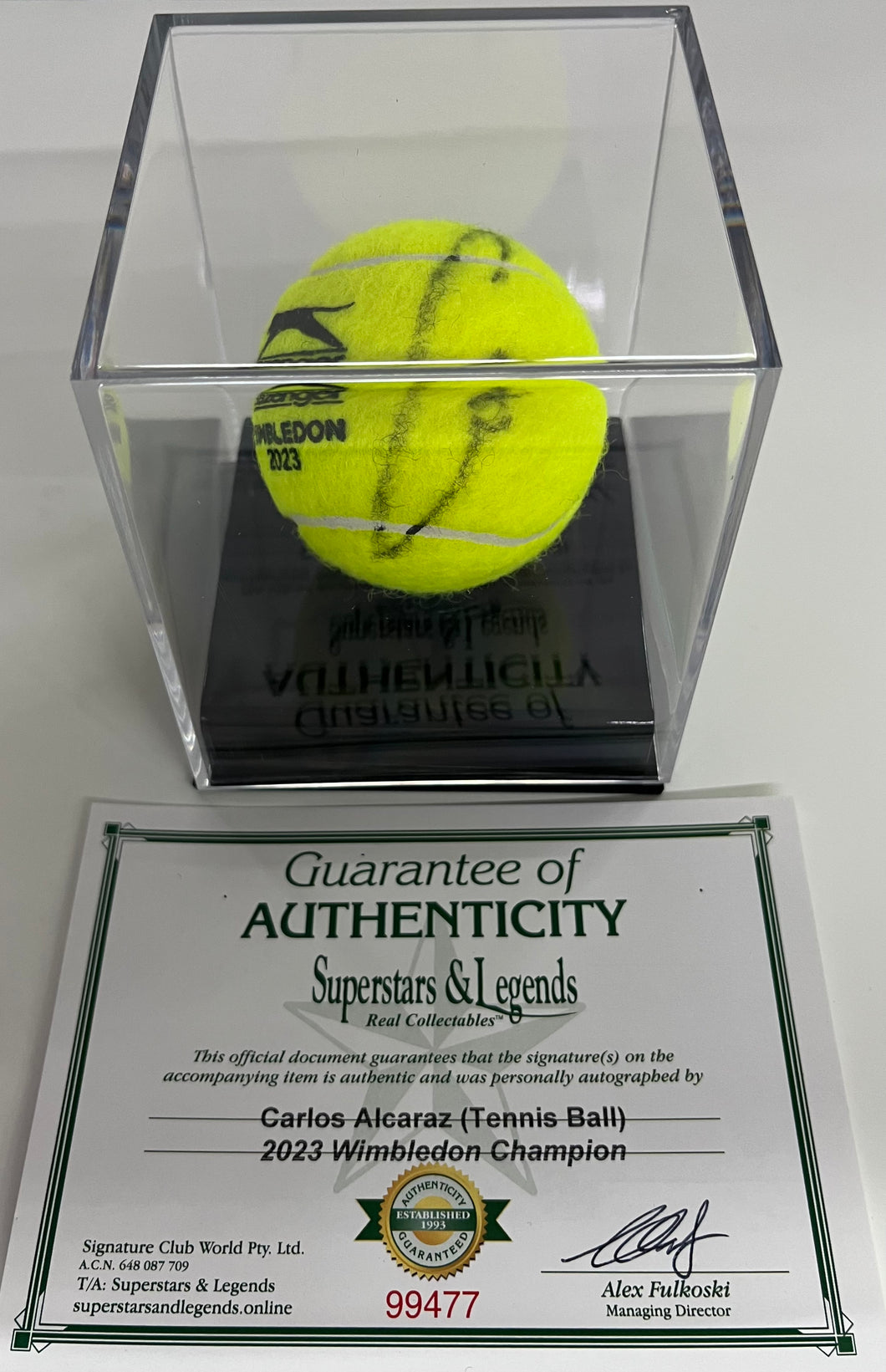Close-up of Alcaraz's signature on Wimbledon tennis ball