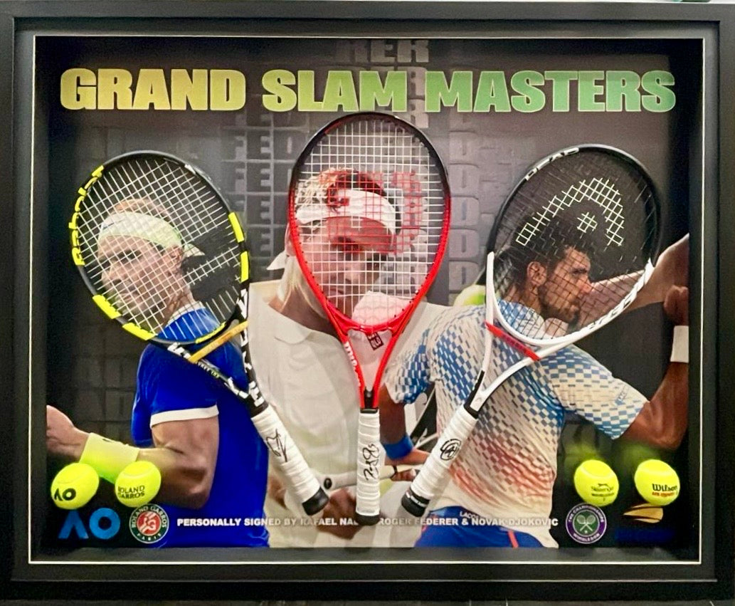 ROGER FEDERER, RAFAEL NADAL & NOVAK DJOKOVIC Signed Tennis Racquets Display