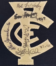 Load image into Gallery viewer, Stephen KERNAHAN, Mike FITZPATRICK, Alex JESAULENKO, John NICHOLLS &amp; Ern HENFRY Signed “Premiership Captains&quot; Jumper Display
