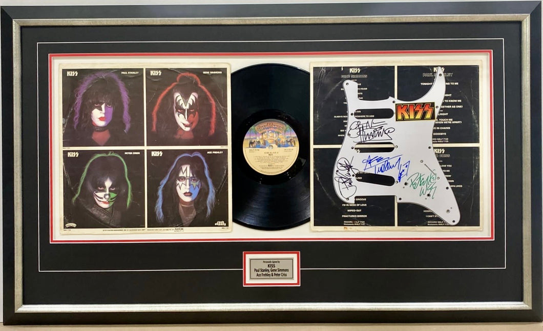 KISS - Paul Stanley, Gene Simmons, Peter Criss & Ace Frehley Signed Guitar Pickguard Display