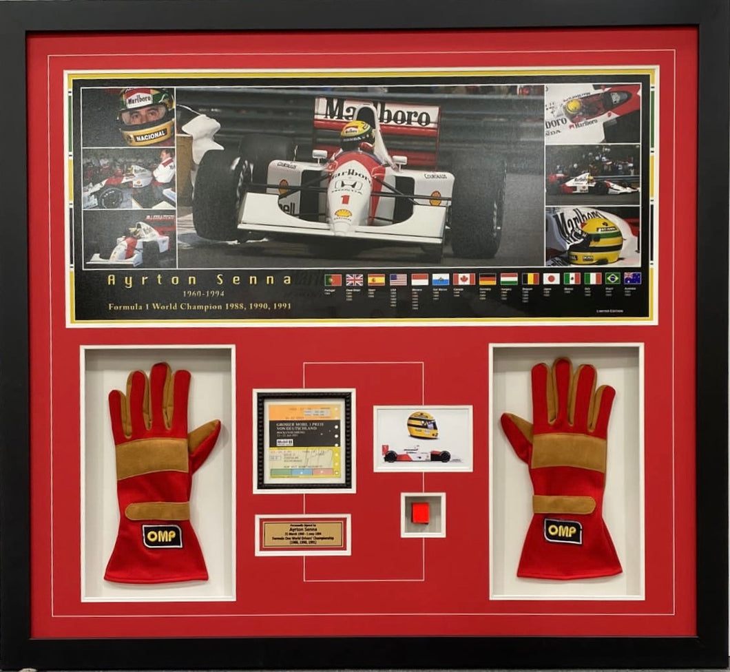 AYRTON SENNA Signed F1 Race Ticket & “Piece of McLaren Car” & Gloves Display