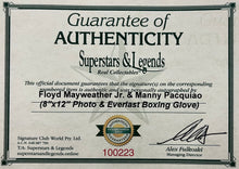 Load image into Gallery viewer, FLOYD MAYWEATHER JR. &amp; MANNY PACQUIAO Signed Boxing Glove &amp; Photo Display
