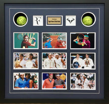 Load image into Gallery viewer, ROGER FEDERER &amp; RAFAEL NADAL Signed Tennis Balls &amp; Photo Collage Display
