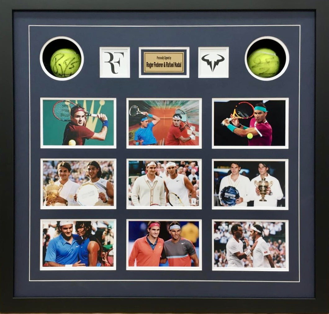 ROGER FEDERER & RAFAEL NADAL Signed Tennis Balls & Photo Collage Display
