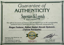 Load image into Gallery viewer, ROGER FEDERER, RAFAEL NADAL &amp; NOVAK DJOKOVIC Signed Tennis Racquets Display
