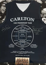 Load image into Gallery viewer, STEPHEN KARNAHAN &amp; DAVID PARKIN Signed 1995 AFL Premiers Jumper Display
