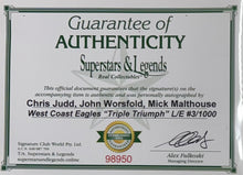 Load image into Gallery viewer, CHRIS JUDD, JOHN WORSFOLD &amp; MICK MALTHOUSE Signed “West Coast Eagles Triple Triumph&quot; Lithograph Display
