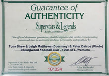 Load image into Gallery viewer, TONY SHAW, LEIGH MATTHEWS &amp; PETER DAICOS “1990 Premiers” Signed Collingwood Jumper Display
