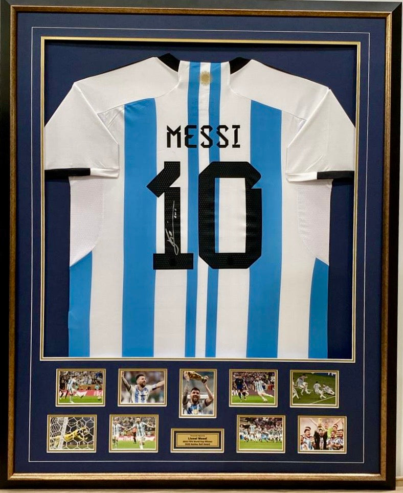 LIONEL MESSI “2022 World Cup Champions” Signed Argentina Jersey & Photo Collage Display