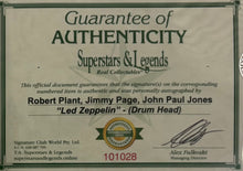 Load image into Gallery viewer, LED ZEPPELIN - ROBERT PLANT, JIMMY PAGE &amp; JOHN PAUL JONES Signed Drum Head &amp; Vinyl LP Collage Display
