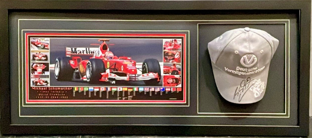 MICHAEL SCHUMACHER “Scuderia Ferrari” Signed Cap & Championship Print Display1