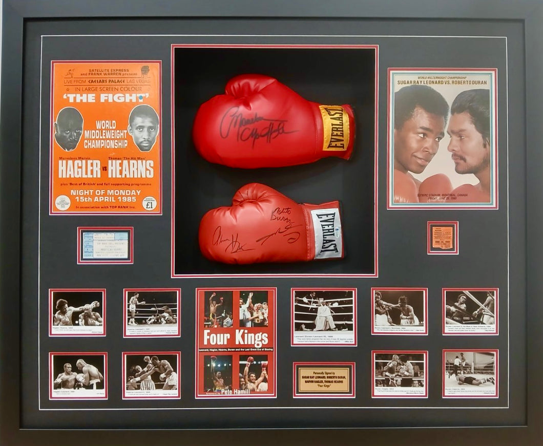 SUGAR RAY LEONARD, ROBERTO DURAN, THOMAS HEARNS & MARVIN HAGLER, “Four Kings” Signed Boxing Gloves Display1