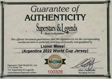 Load image into Gallery viewer, LIONEL MESSI “2022 World Cup Champions” Signed Argentina Jersey &amp; Photo Collage Display
