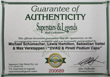 Load image into Gallery viewer, MICHAEL SCHUMACHER, LEWIS HAMILTON, SEBASTIAN VETTEL &amp; MAX VERSTAPPEN Signed F1 DVAG &amp; Podium Caps

