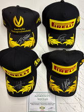 Load image into Gallery viewer, MICHAEL SCHUMACHER, LEWIS HAMILTON, SEBASTIAN VETTEL &amp; MAX VERSTAPPEN Signed F1 DVAG &amp; Podium Caps
