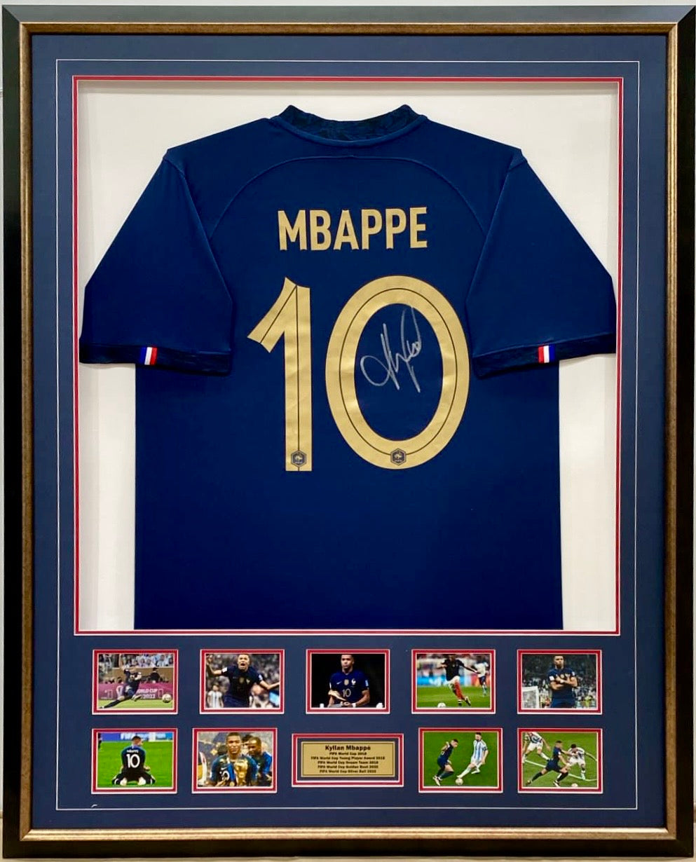 KYLIAN MBAPPE “2018 & 2022 World Cup” Signed France Jersey & Photo Collage Display