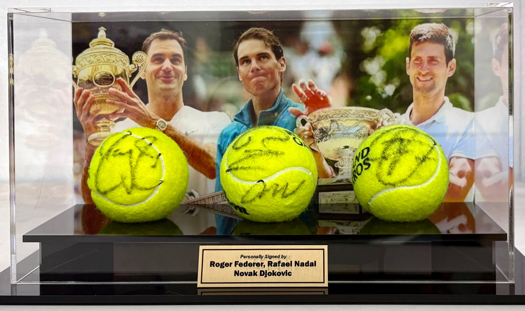 ROGER FEDERER, RAFAEL NADAL & NOVAK DJOKOVIC Signed Tennis Balls in Display Box