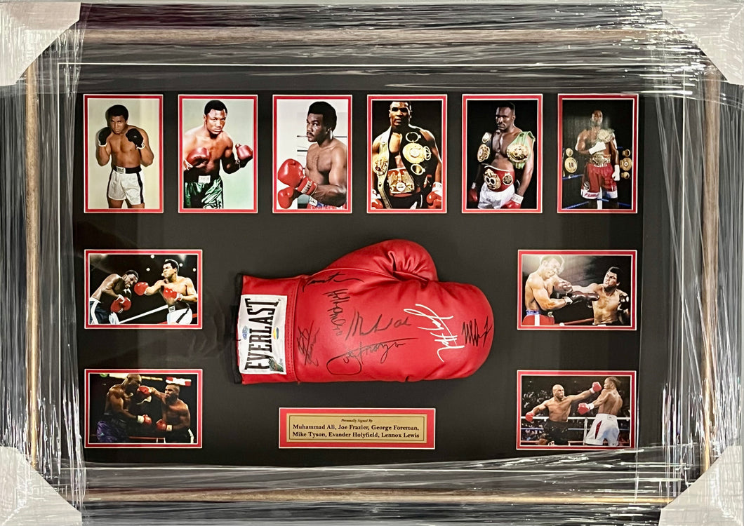 MUHAMMAD ALI, JOE FRAZIER, GEORGE FOREMAN, MIKE TYSON, EVANDER HOLYFIELD & LENNOX LEWIS Signed Boxing Glove Display