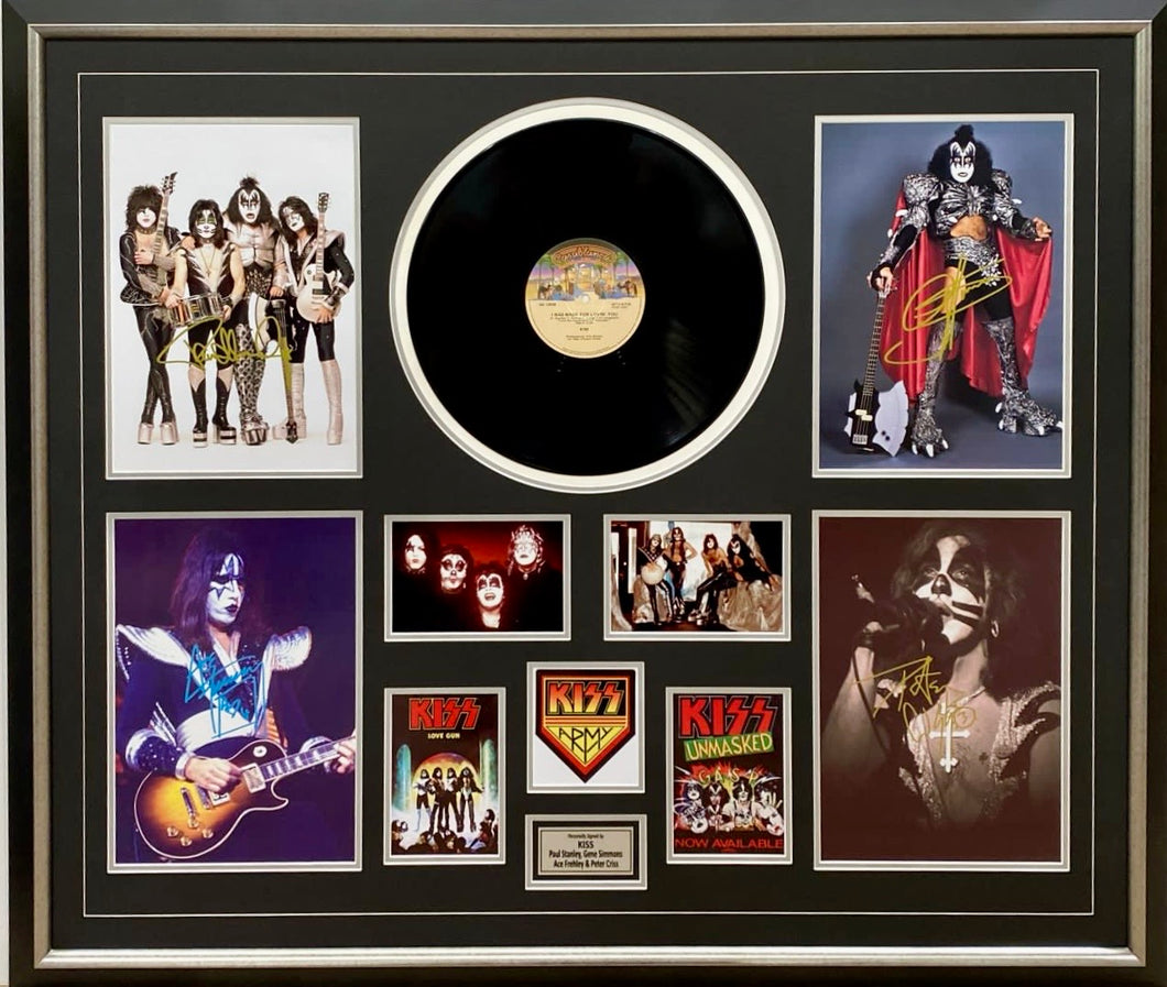 KISS - Paul Stanley, Gene Simmons, Peter Criss & Ace Frehley Signed Photos & Record Collage Display