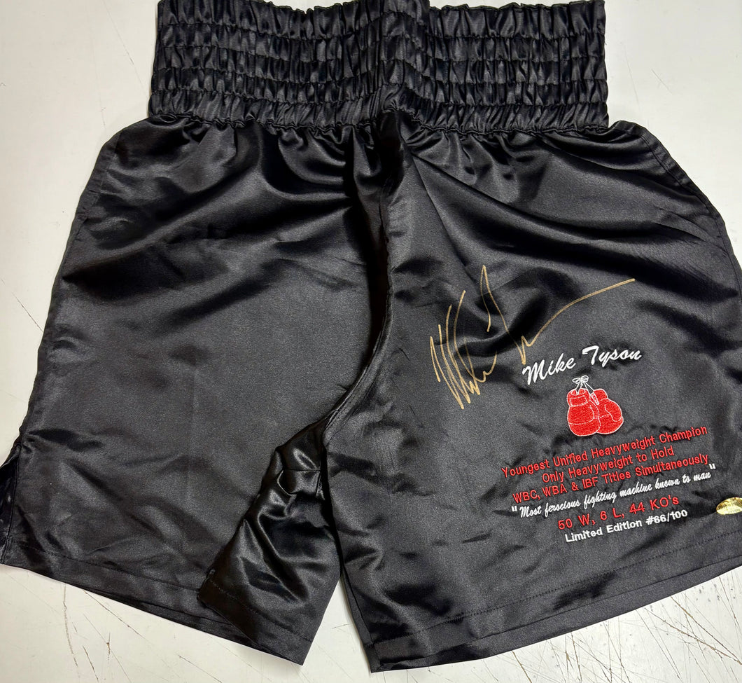 MIKE TYSON Signed Trunks & Fight Cards Display