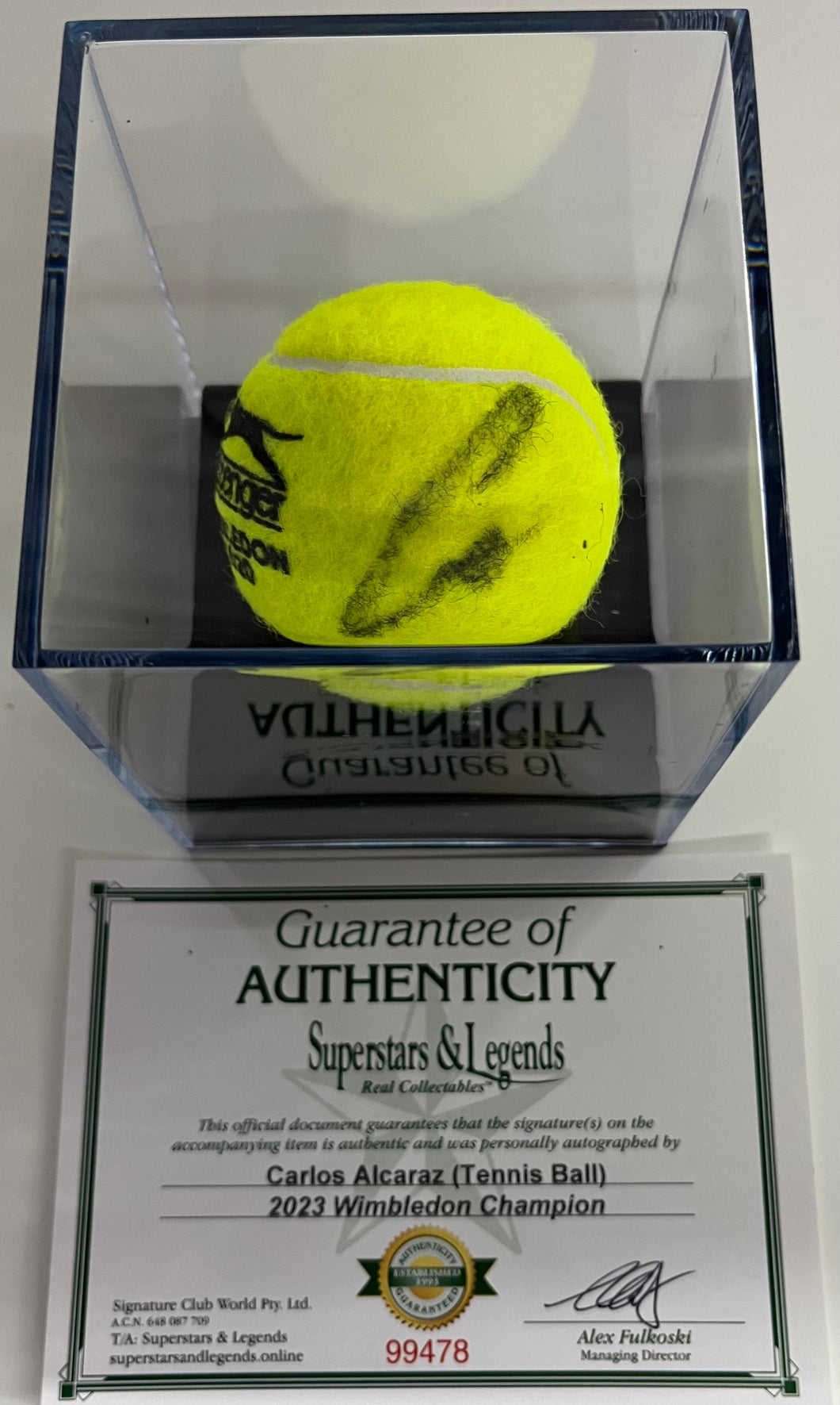 Display of Carlos Alcaraz Wimbledon 2023 tennis ball