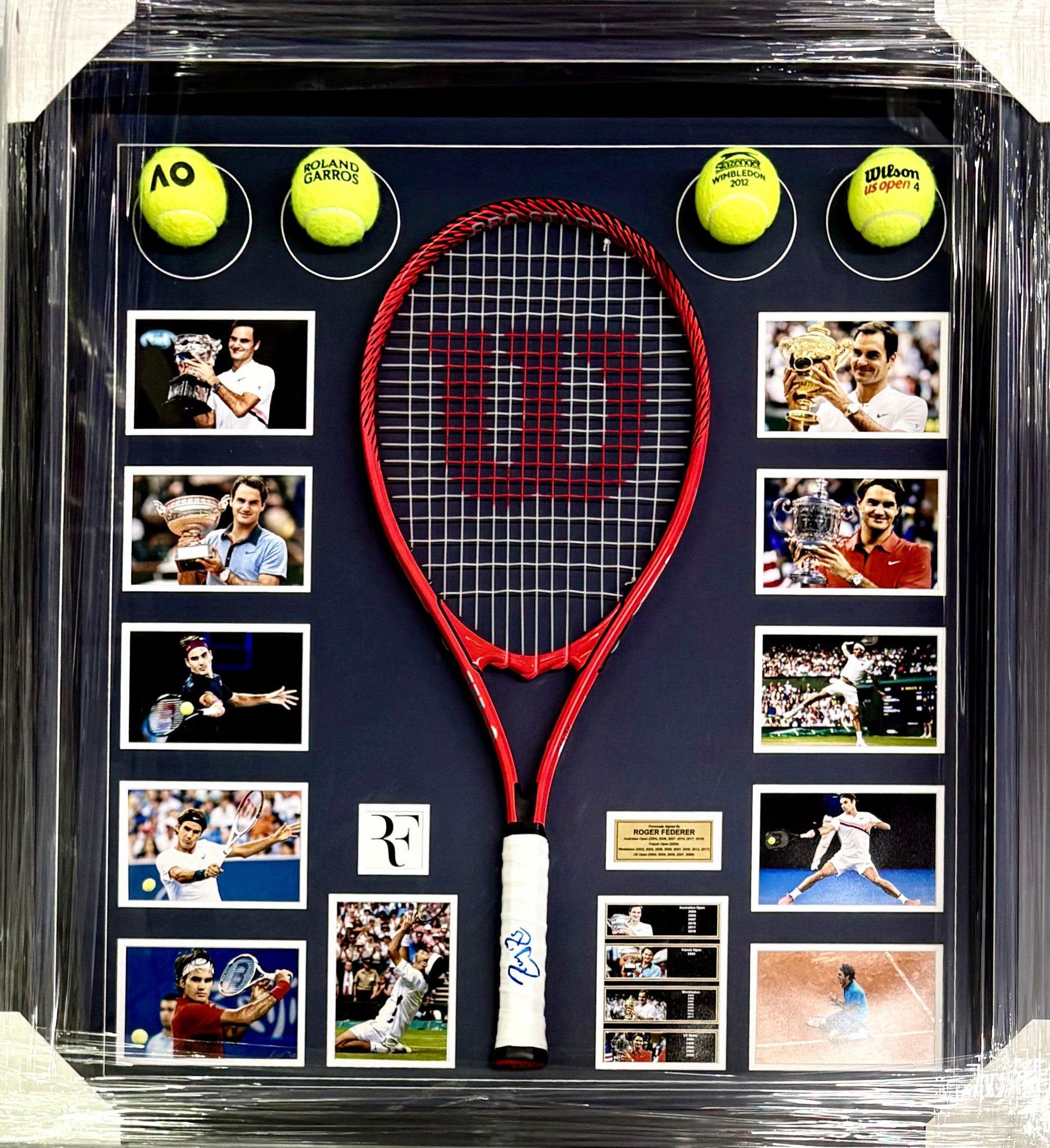 Roger Federer Signed Racquet Collage Display – Superstars & Legends