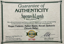 Load image into Gallery viewer, ROGER FEDERER, RAFAEL NADAL &amp; NOVAK DJOKOVIC Signed Tennis Balls Display
