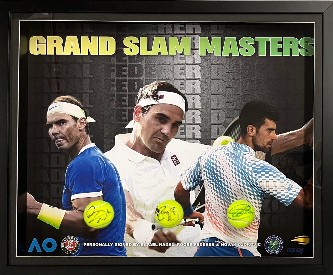 ROGER FEDERER, RAFAEL NADAL & NOVAK DJOKOVIC Signed Tennis Balls Display