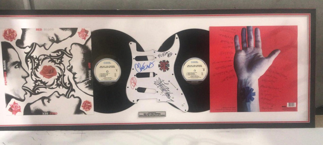 RED HOT CHILI PEPPERS - ANTHONY KIEDIS, FLEA, CHAD SMITH & JOHN FRUSCIANTE Signed Guitar Pickguard Display