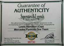 Load image into Gallery viewer, LEWIS HAMILTON Signed Mercedes F1 Team Cap &amp; Championship Print Display
