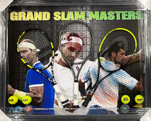 Load image into Gallery viewer, ROGER FEDERER, RAFAEL NADAL &amp; NOVAK DJOKOVIC Signed Tennis Racquets Display
