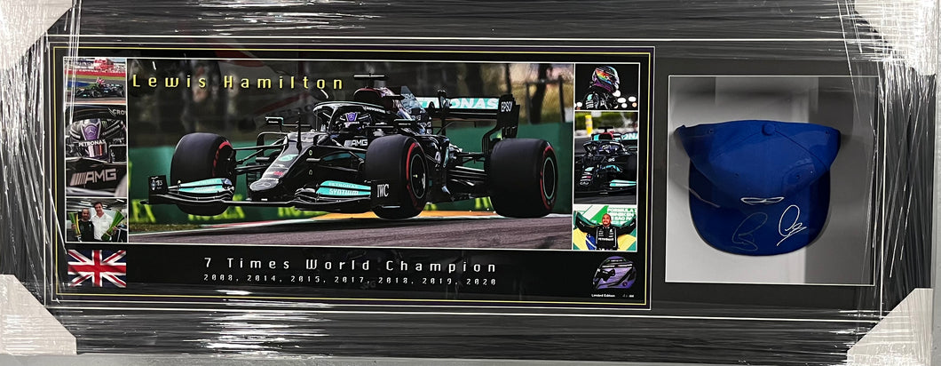 LEWIS HAMILTON Signed Mercedes F1 Team Cap & Championship Print Display