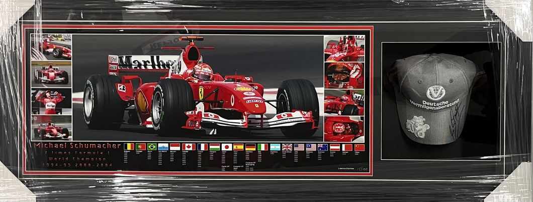 MICHAEL SCHUMACHER “Scuderia Ferrari” Signed Cap & Championship Print Display