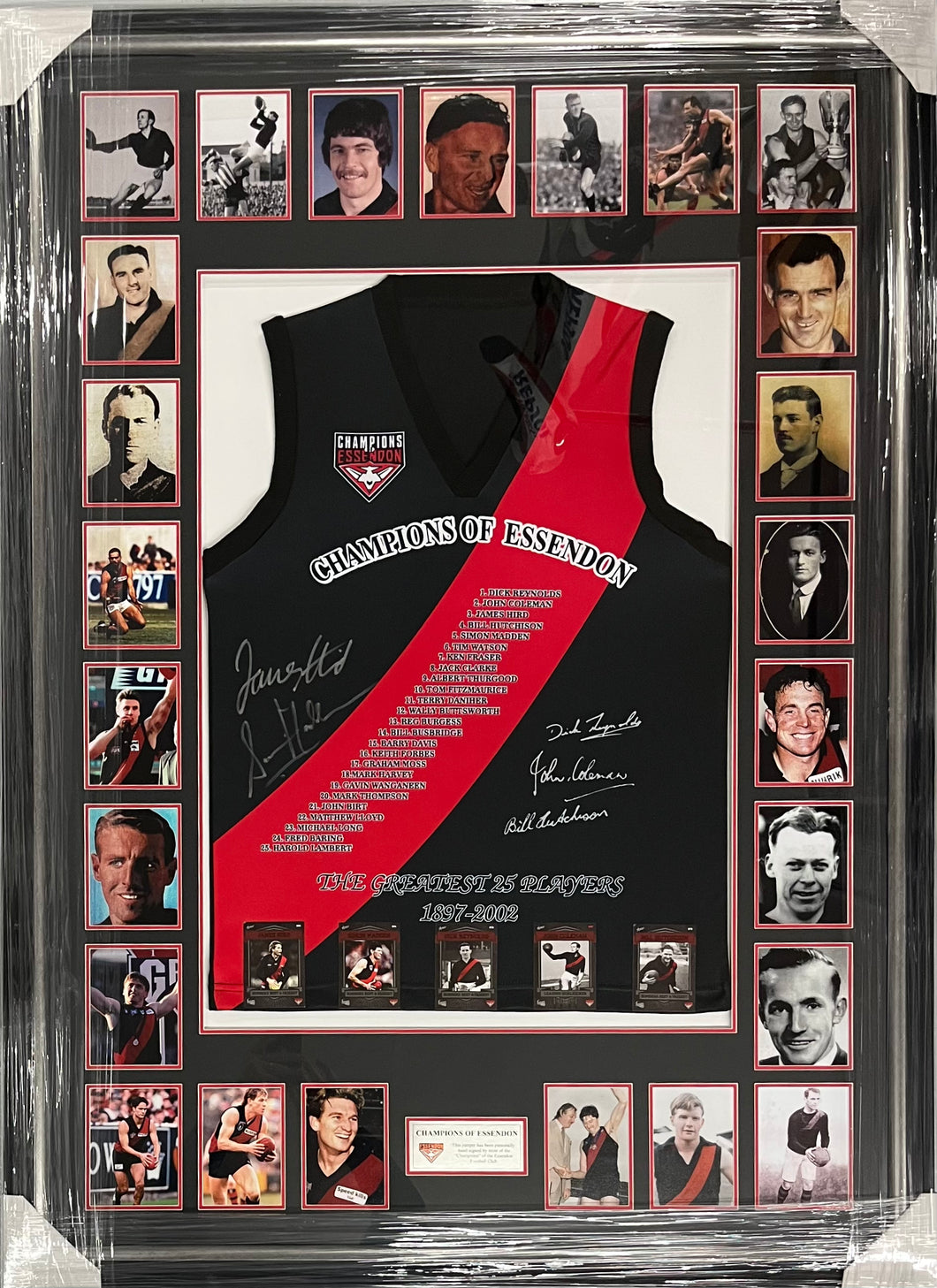 JAMES HIRD & SIMON MADDEN Signed “Greatest 25 Players 1897-2002” Essendon Jumper Display