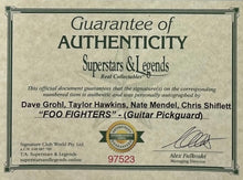 Load image into Gallery viewer, FOO FIGHTERS - DAVE GROHL, TAYLOR HAWKINS, NATE MENDEL &amp; CHRIS SHIFLETT Signed Guitar Pickguard Display
