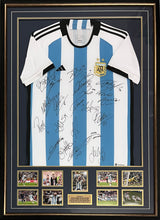 Load image into Gallery viewer, ARGENTINA “2022 World Cup Champions” Team Signed Argentina Jersey &amp; Photo Collage Display
