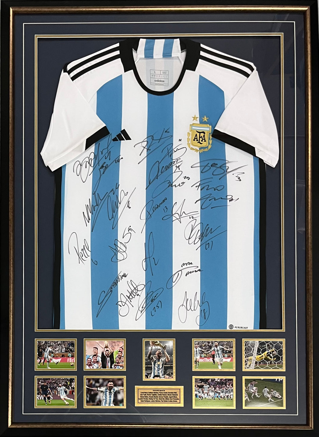 ARGENTINA “2022 World Cup Champions” Team Signed Argentina Jersey & Photo Collage Display