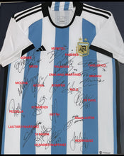 Load image into Gallery viewer, ARGENTINA “2022 World Cup Champions” Team Signed Argentina Jersey &amp; Photo Collage Display
