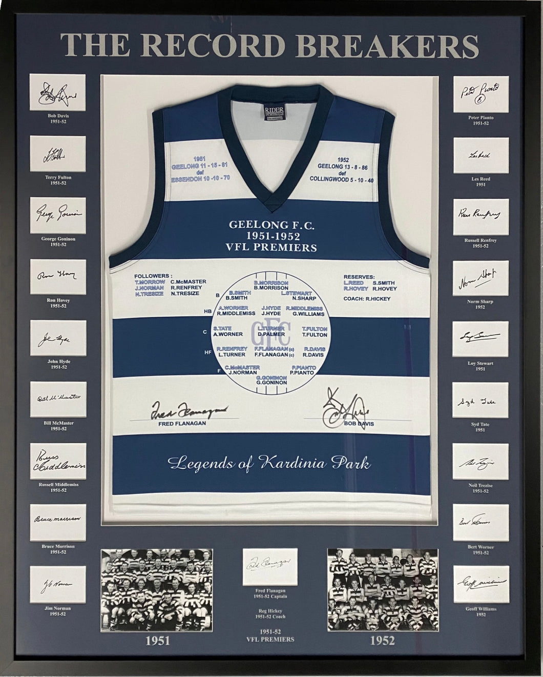 FRED FLANAGAN & BOB DAVIS “The Record Breakers” Signed “1951-1952 Premiers” Geelong Jumper & Team Signed Cards Display