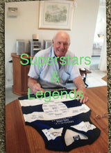 Load image into Gallery viewer, Unframed FRED FLANAGAN, FRED WOOLLER &amp; TOM HARLEY Signed “1951/52, 1963, 2007/09” Premiership Captains” Geelong Jumper
