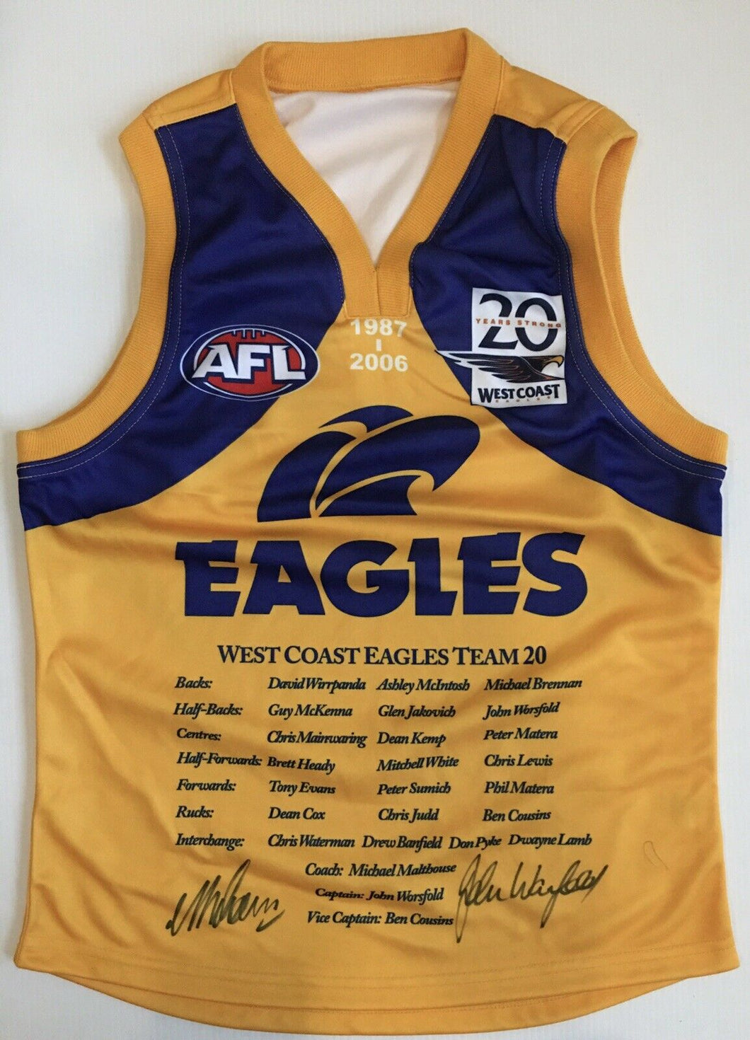 Unframed JOHN WORSFOLD & MICK MALTHOUSE Signed “West Coast Eagles 20 Years 1987-2006” Jumper