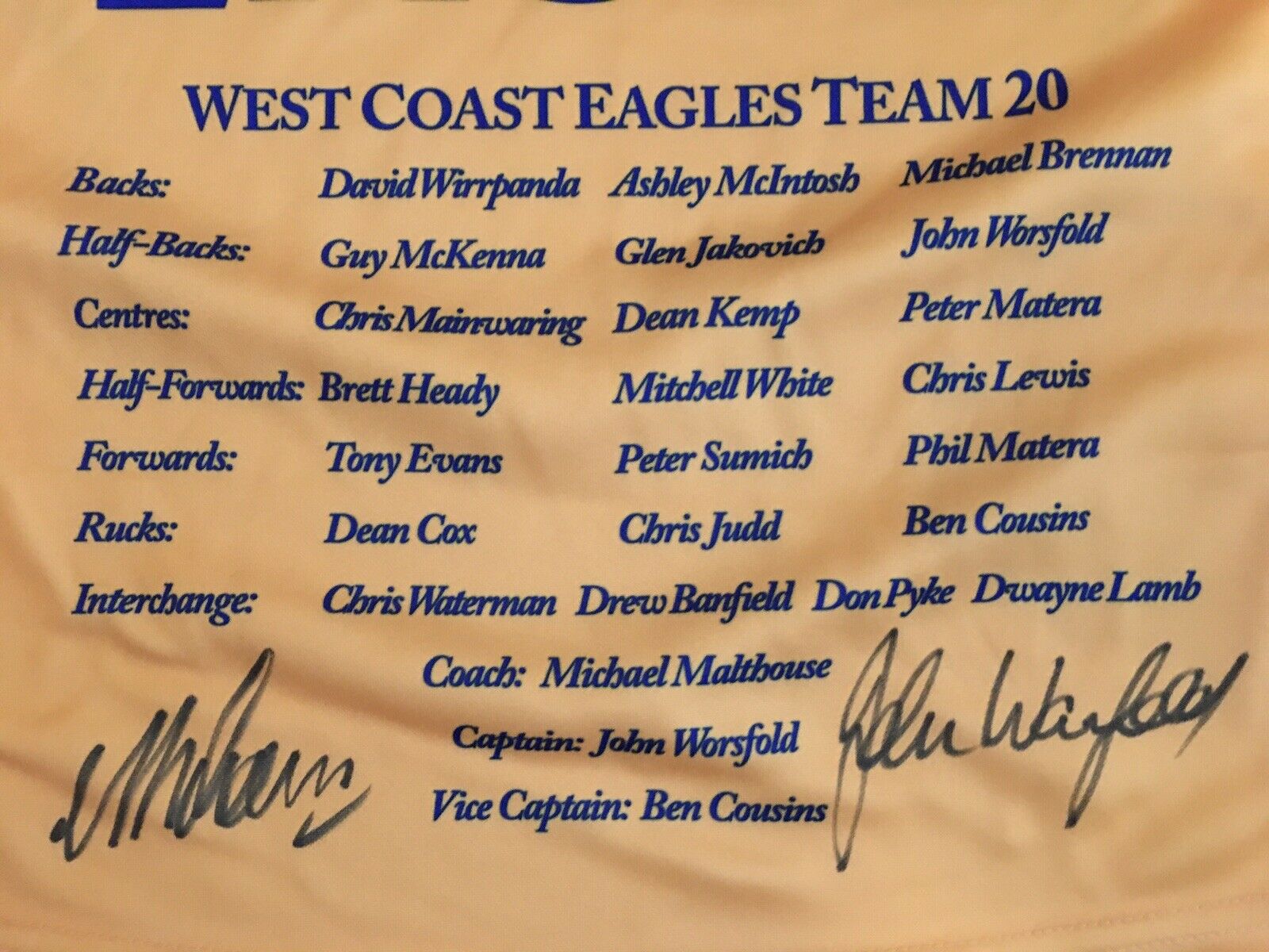 Unframed JOHN WORSFOLD & MICK MALTHOUSE Signed “West Coast Eagles 20 Y –  Superstars & Legends