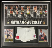 Load image into Gallery viewer, Nathan Buckley signed Collingwood Magpies game-worn shorts, framed
