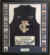 Load image into Gallery viewer, Stephen KERNAHAN, Mike FITZPATRICK, Alex JESAULENKO, John NICHOLLS &amp; Ern HENFRY Signed “Premiership Captains&quot; Jumper Display
