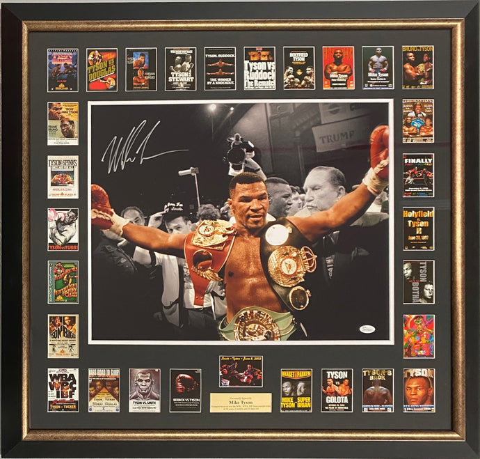Mike Tyson signed photo and 29 fight posters framed display