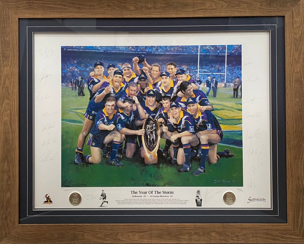 MELBOURNE STORM “The Year of the Storm - 1999 NRL Premiers” Team Signed Lithograph Display