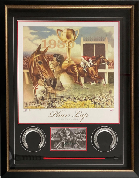 Phar Lap signed photo with replica shoes and whip in box frame