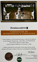 Load image into Gallery viewer, SHANE WARNE Signed “Breakthrough - The World Record” Lithograph Display
